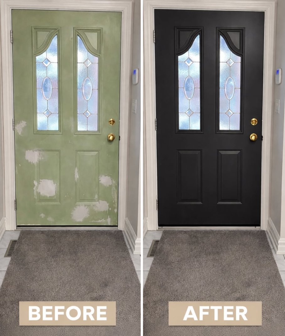 Before and after of a front entry door — worn green repainted a crisp black with brass hardware