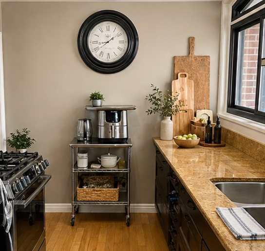Kitchen painted in warm greige with dark cabinets, granite counter, and stainless appliances
