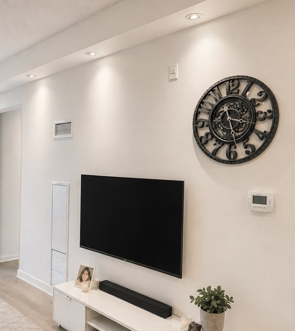 Freshly painted living room in warm white with pot lights, a mounted TV, and a decorative clock